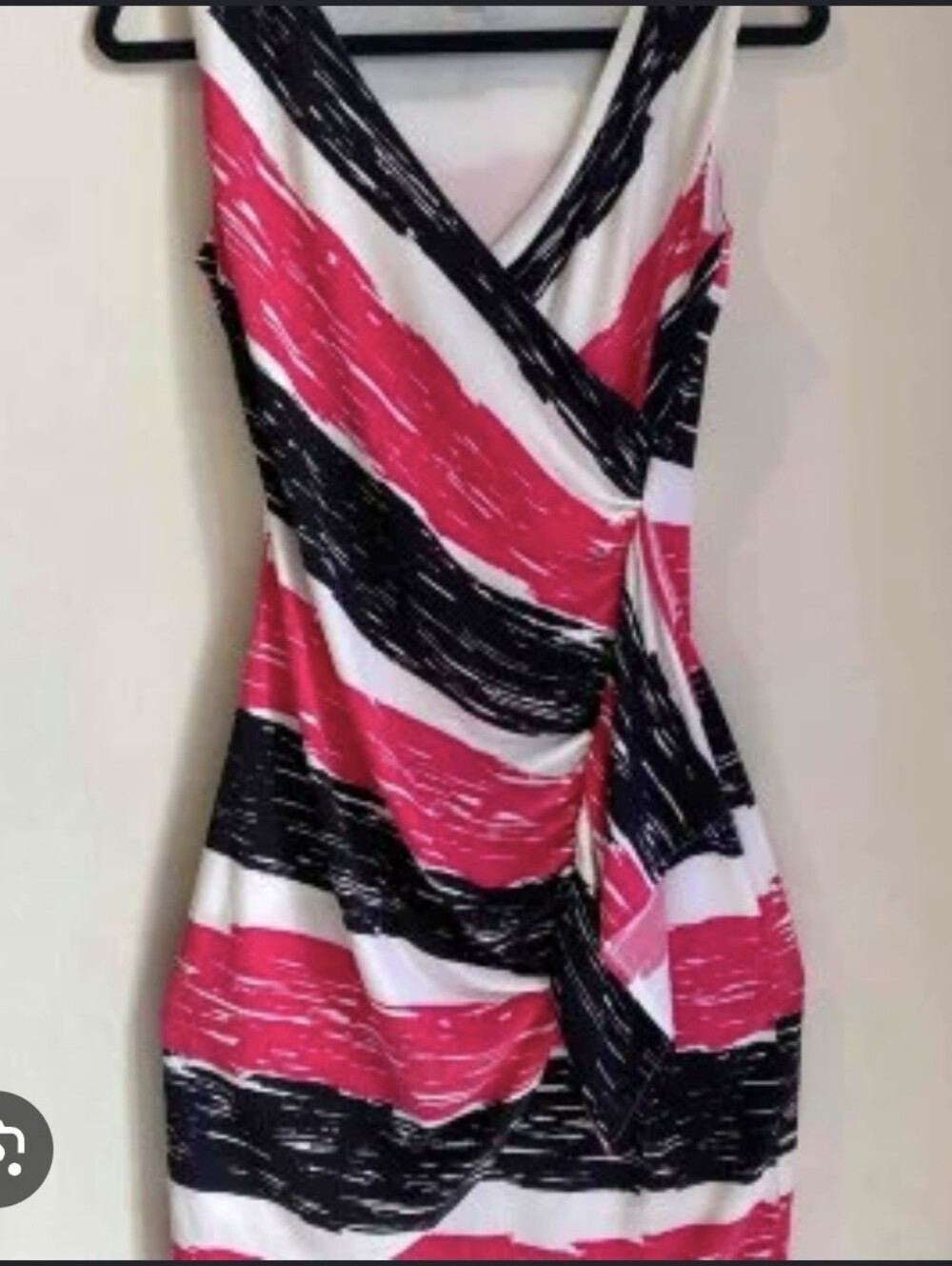 New York & Company Pink, Black & White Striped Wrap Midi Dress